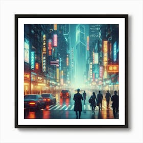 A Cyberpunk City Street Scene with People Crossing the Road in the Rain While Cars Drive By and Neon Lights Glow in the Background Art Print
