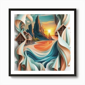 Paper Art mountains sunrise Art Print