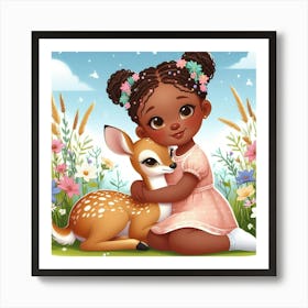 Little Black Girl With A Deer Art Print