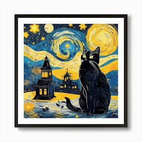 Black Cat On Starry Night Art Print