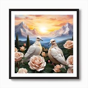 Doves In White Roses Garden Art Print