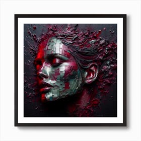 An Abstract Portrait Of A Woman's Face - An Embossed Artwork In Blood Red, And Soft Green Metal. Art Print