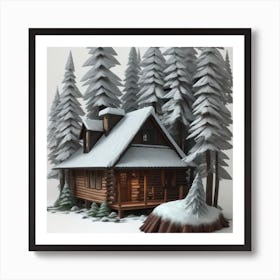 Small wooden hut inside a dense forest of pine trees with falling snow 1 Art Print