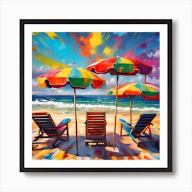 Seaside Trio Of Chairs And Umbrellas Art Print