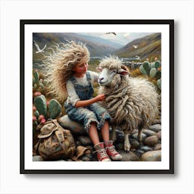 Girl With A Sheep Art Print