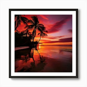 A Serene Lagoon Reflects The Beauty Of A Deep Red Sunset Its Calm Waters Acting As A Mirror Art Print