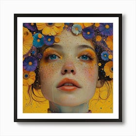 Girl With Flowers On Her Head Art Print