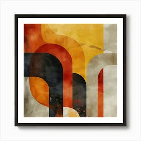 Abstract Artwork With Orange Yellow Red And Black Curved Shapes On A Textured Beige Background Art Print