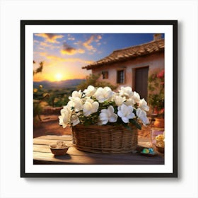 White Flowers In A Basket Art Print