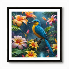 colorful, realistic painting of a bird perched on a branch surrounded by flowers Art Print