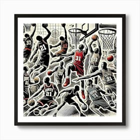 Basketball Legends Action Printed Art A Dynamic Collage Of Iconic Basketball Moments, Perfect For Celebrating The Energy And Spirit Of The Game In Any Space Printed Art Art Print