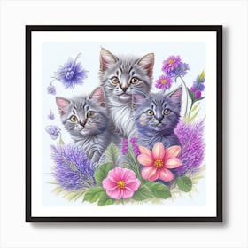 Three Kittens In Flowers 1 Art Print
