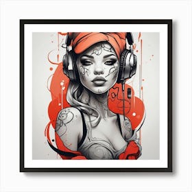 Tattooed Girl With Headphones Art Print