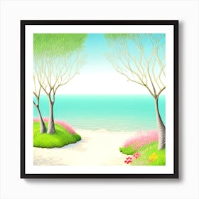 Landscape With Trees And Flowers Art Print