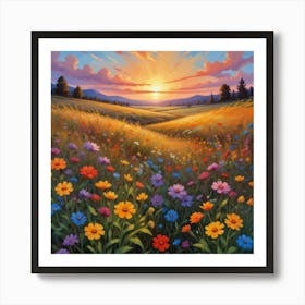 Wildflowers Sunset, Square Retro Art, Flower Fields Art Print 3 Art Print