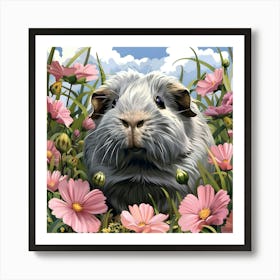 Grey Guinea Pig and Pink Flowers Art Print