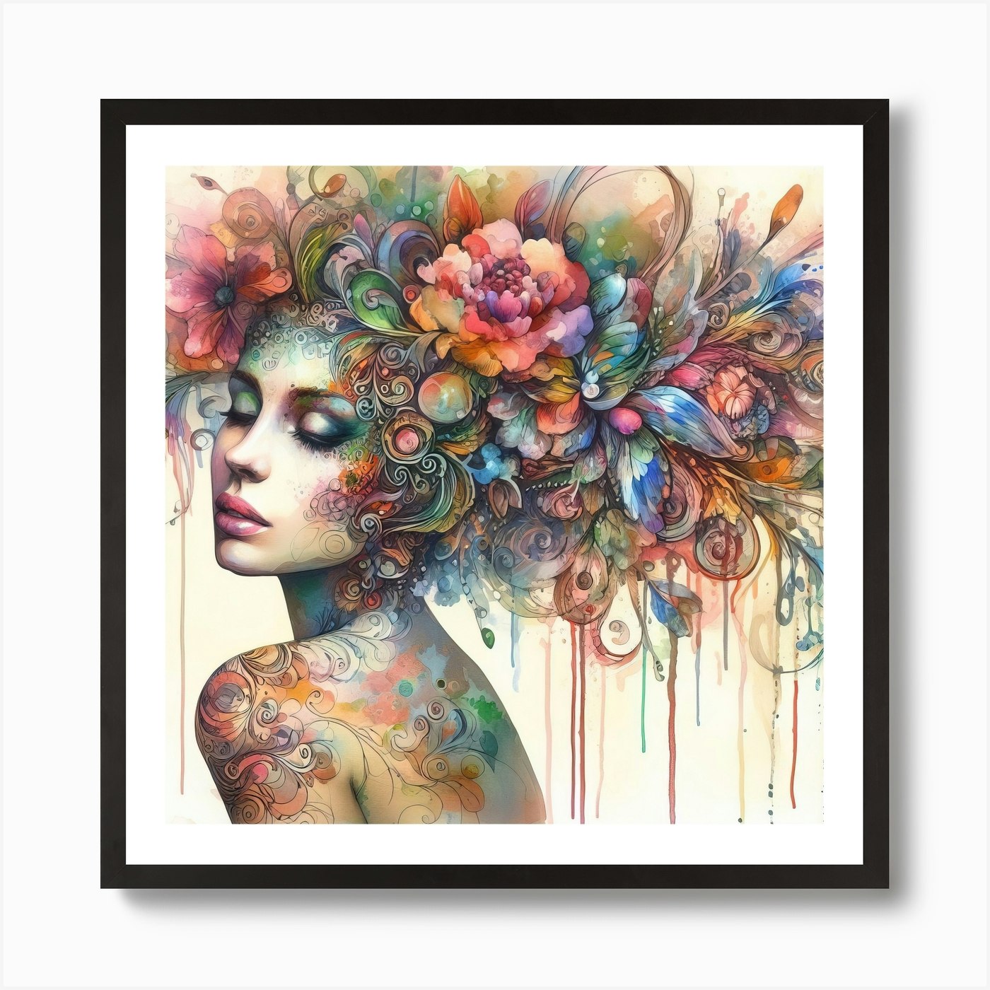 Framed Canvas Art (White Floating Frame) - Watercolor Floral Woman II by Chromatic Fusion Studio ( People > portraits > Floral portraits art) - 18x18