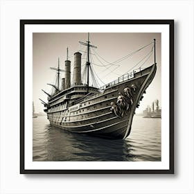 Steampunk Ship Monochrome Cubism Style Art Print