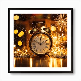 Festive New Year 2024 Vintage Clock With Fireworks Poster