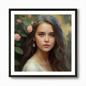 Portrait Of A Girl With Flowers 2 Art Print
