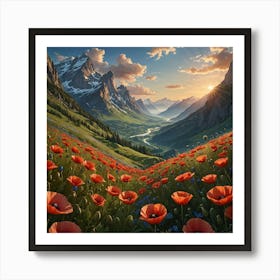 Amazing landscape, mountains, poppies Art Print