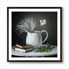 White Pitcher With Flowers And Books Art Print