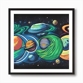 Space Cartoon T Shirt Design Green Fire Earth Distance Moon Saturn Jupiter M3lzbcrs Upscaled Art Print