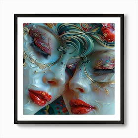 Two Women With Flowers On Their Faces Art Print