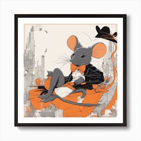 A Silhouette Of A Mouse Wearing A Black Hat And Laying On Her Back On A Orange Screen, In The Style Art Print