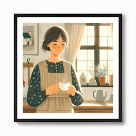 Woman in The Kitchen with Cup of Coffee and Apron Art Print