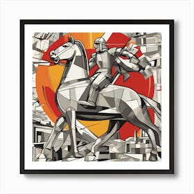 Knight On Horse Monochrome Cubism Style Art Print