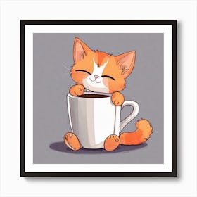 Cute Orange Kitten Loves Coffee Square Composition 39 Art Print