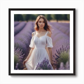 Beautiful Woman In White Dress In A Lavander Field 3 Art Print