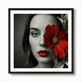 Portrait Of A Woman With Red Flower Art Print