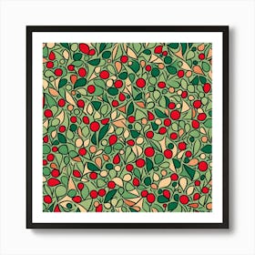 Seamless Pattern With Berries, A Pattern Featuring Abstract Geometric Shapes With Lines Rustic Green And Red Colors, Flat Art, 116 Art Print