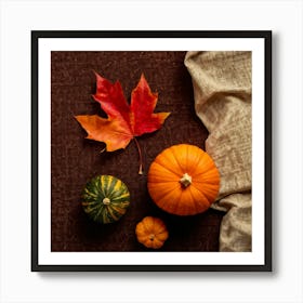 Autumnal Still Life Digital Painting Featuring Maple Leaf And Squash Placed Against Fabric Simulatin (3) Art Print