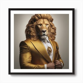 A Super Wealthy Hippie Muscular Lion Wearing A Beautiful Tailored Golden Suit, Heterochromia Iridum, Art Print