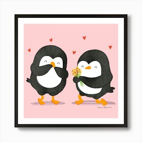 Cute Penguins in love on a date Art Print