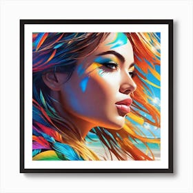 Portrait Of A Woman With Colorful Feathers Art Print