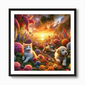 Kitten And Puppies Playing Poster