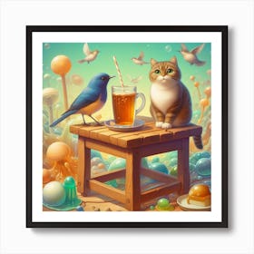 Cat And Bird Art Print