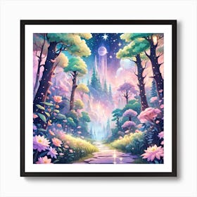 A Fantasy Forest With Twinkling Stars In Pastel Tone Square Composition 78 Art Print