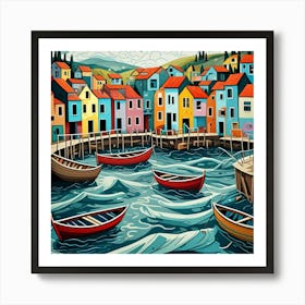 Fishing Village With Swirling Water Cubism Style Art Print