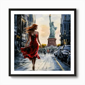 Oil Painting Woman with Statue of Liberty Art Print