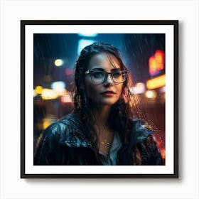 Portrait Of A Woman With Glasses Rain Soaked And Dramatic Night Setting Reflections On Glasses N Art Print