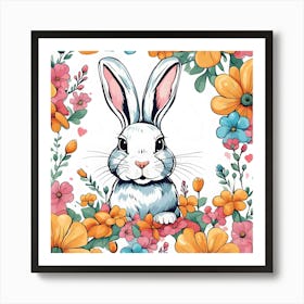 Rabbit Surrounded By Flowers Art Print