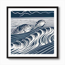 Two Fish In The Sea Linocut 1 Art Print