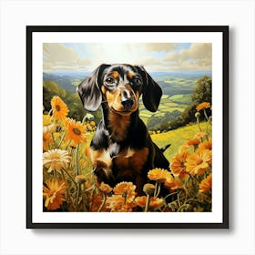 Dachshund Amongst Orange Flowers In Countryside 1 Art Print