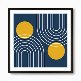 Mid Century Modern Geometric In Navy Blue And Mustard Yellow (Rainbow And Sun Abstract) 02 Art Print