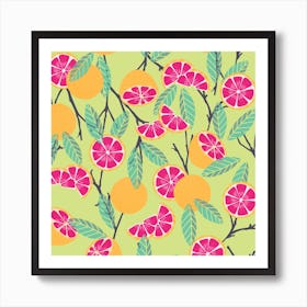 Grapefruit Pattern On Lime Green With Floral Decoration Square Art Print